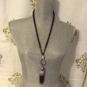 Topaz Glass Bead Necklace w Huge Beaded Tassel